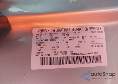 1999 Mazda Mx-5 Miata Leather Pkg/Popular Equipment Pkg/Sports Pkg/Touring Pkg z USA, uszkodzony, nr VIN JM1NB3530X0102896